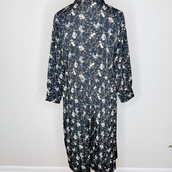 Pleated Midi Dress MED-LARGE Black Floral Cottagecore Half Button Bishop Sleeve - Picture 7 of 7